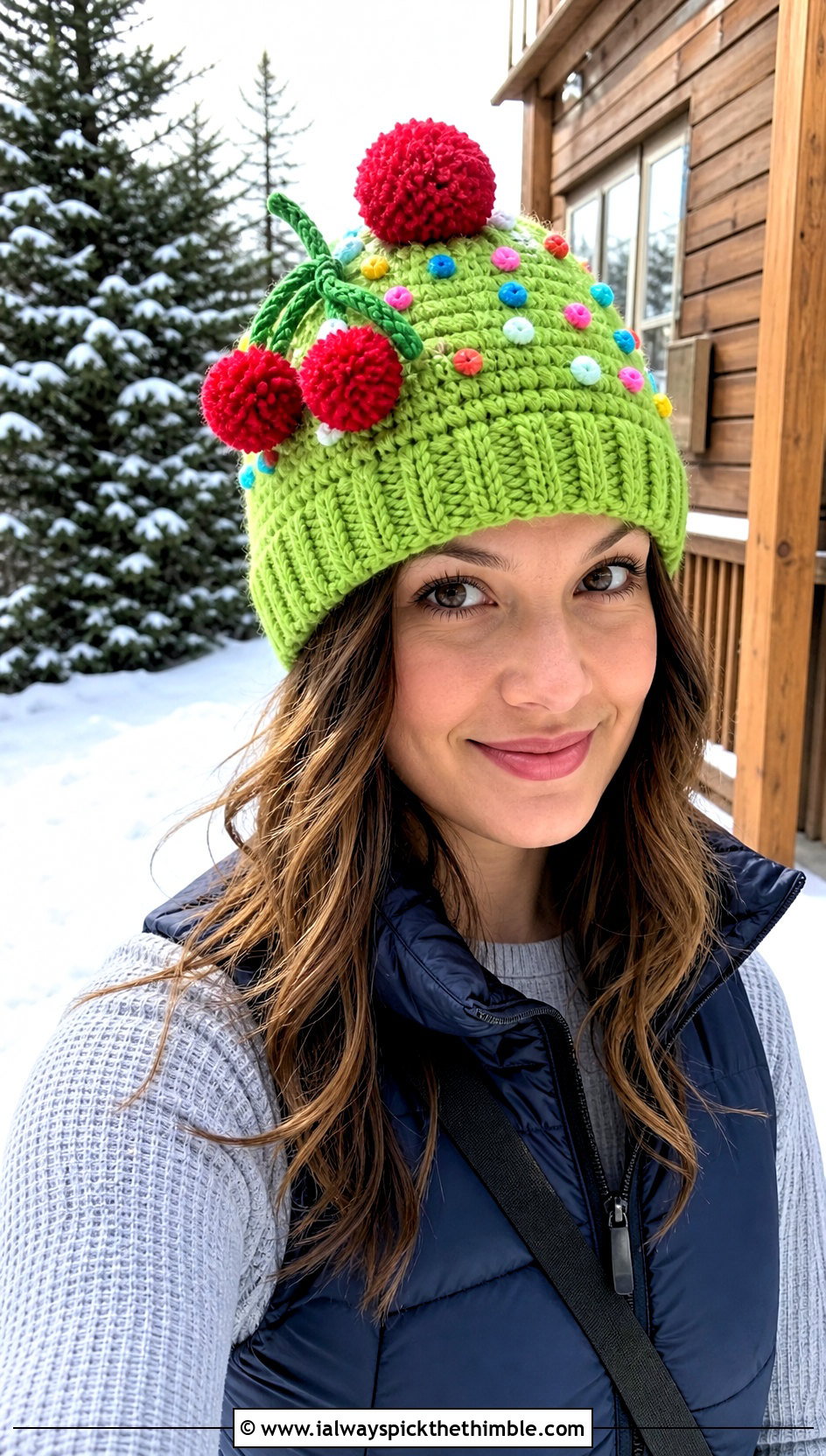 Pom Pom Cherry Crochet Cupcake Beanie With Puffer Vest - 15 Crochet Cupcake Beanie outfit ideas