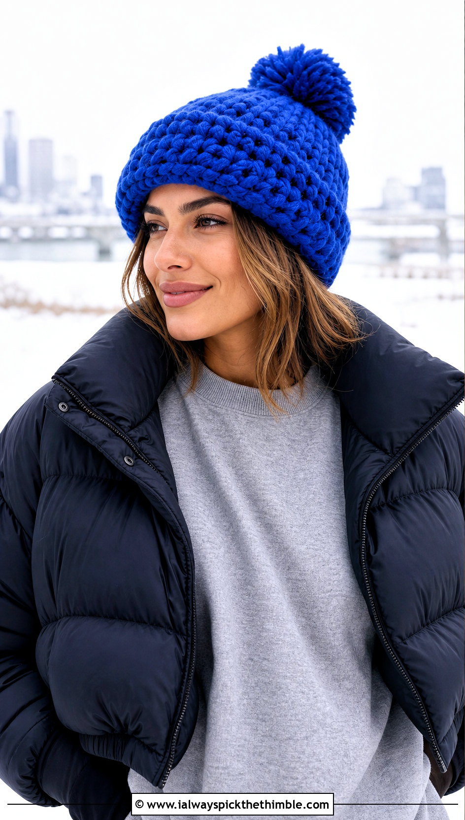 Pom Pom Chunky Crochet Beanie With Puffer Coat - 20 Chunky Yarn Crochet Hats outfit ideas