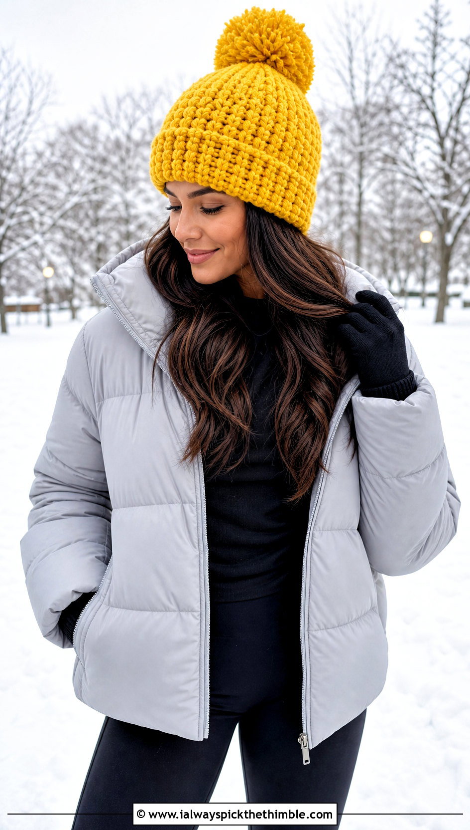 Pom Pom Chunky Crochet Beanie With Puffer Jacket And Leggings - 20 Easy Chunky Crochet Hat outfit ideas