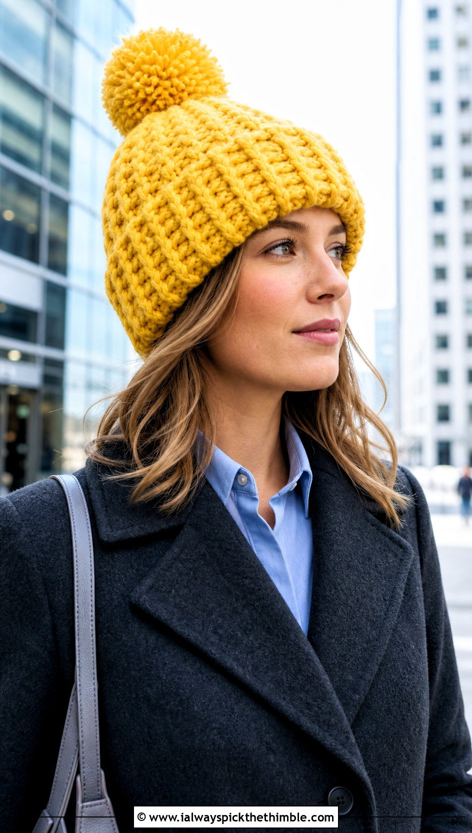 Pom Pom Chunky Crochet Beanie With Wool Coat And Trousers - 20 chunky yarn crochet hat outfit ideas