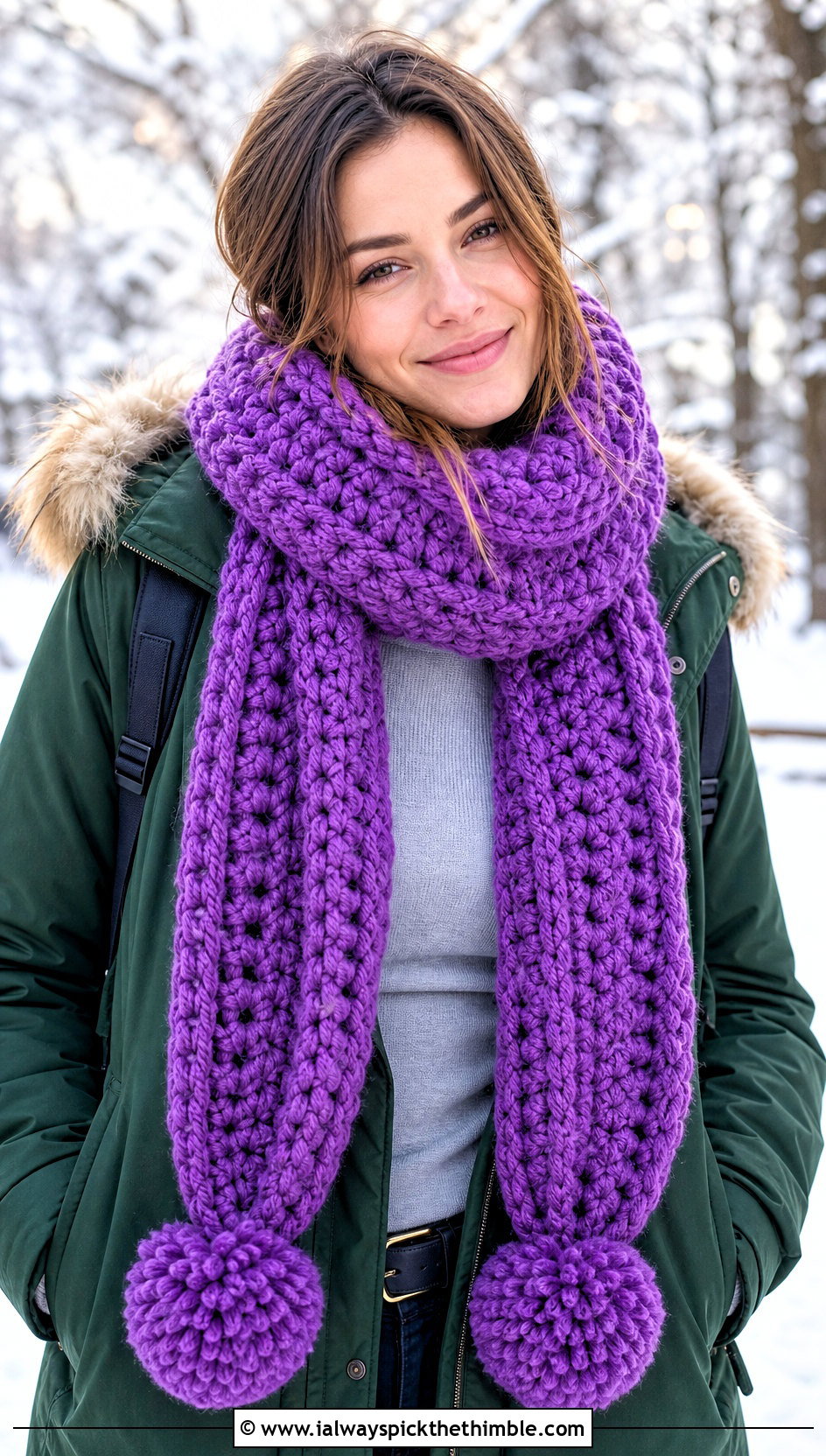 Pom Pom Chunky Crochet Scarf With Parka - 25 chunky crochet scarf outfit ideas