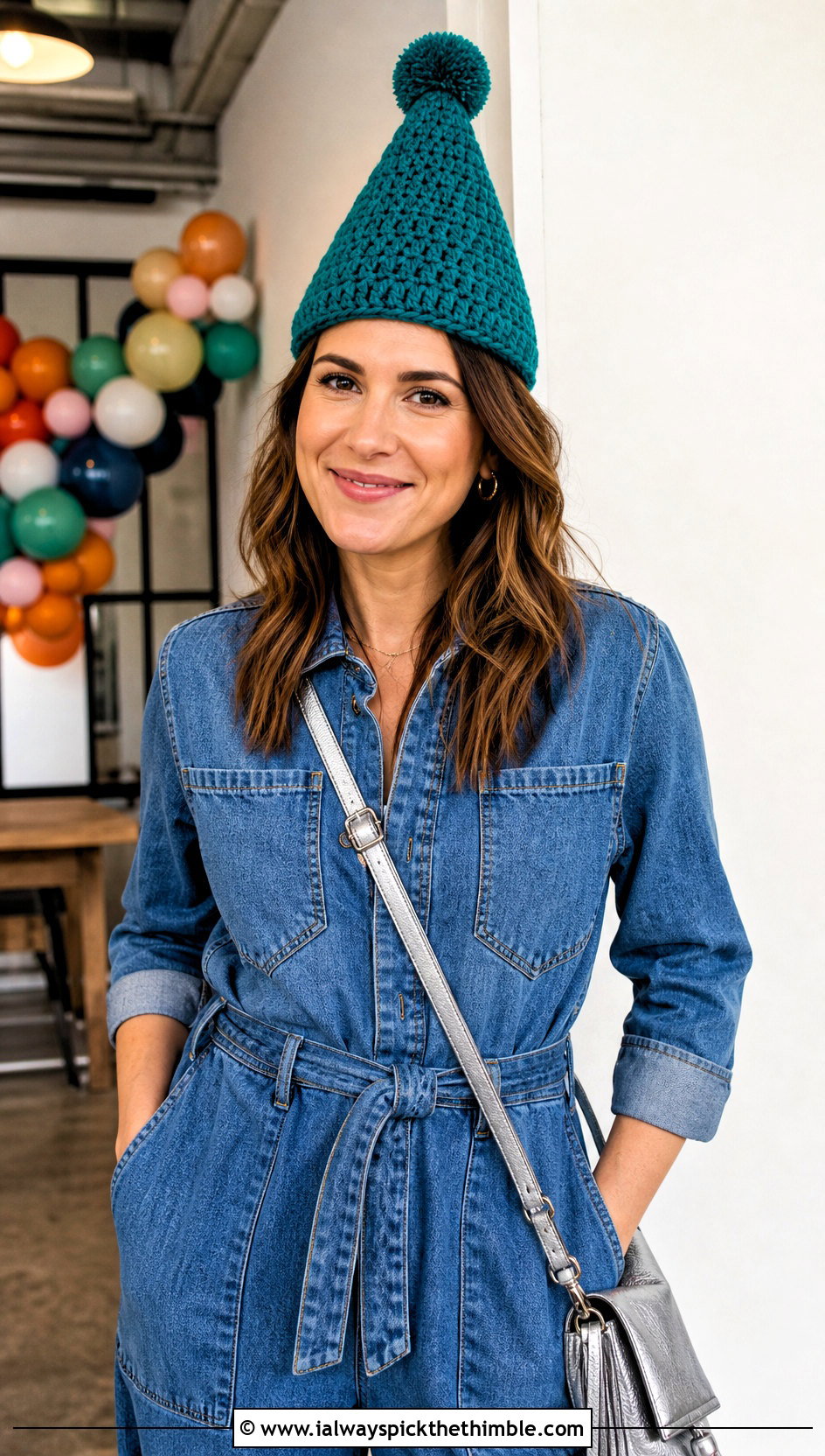 Pom Pom Cone Crochet Birthday Hat With Denim Jumpsuit - 20 crochet birthday hat outfit ideas