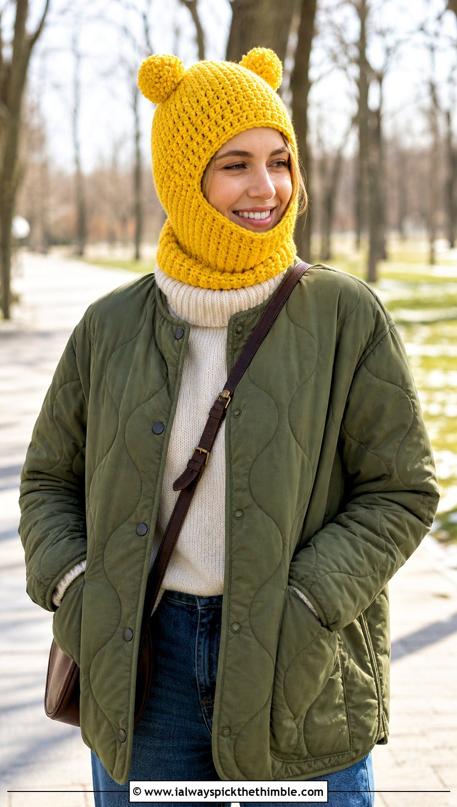 Pom Pom Crochet Balaclava Beanie With Quilted Jacket - 20 crochet balaclava beanie outfit ideas