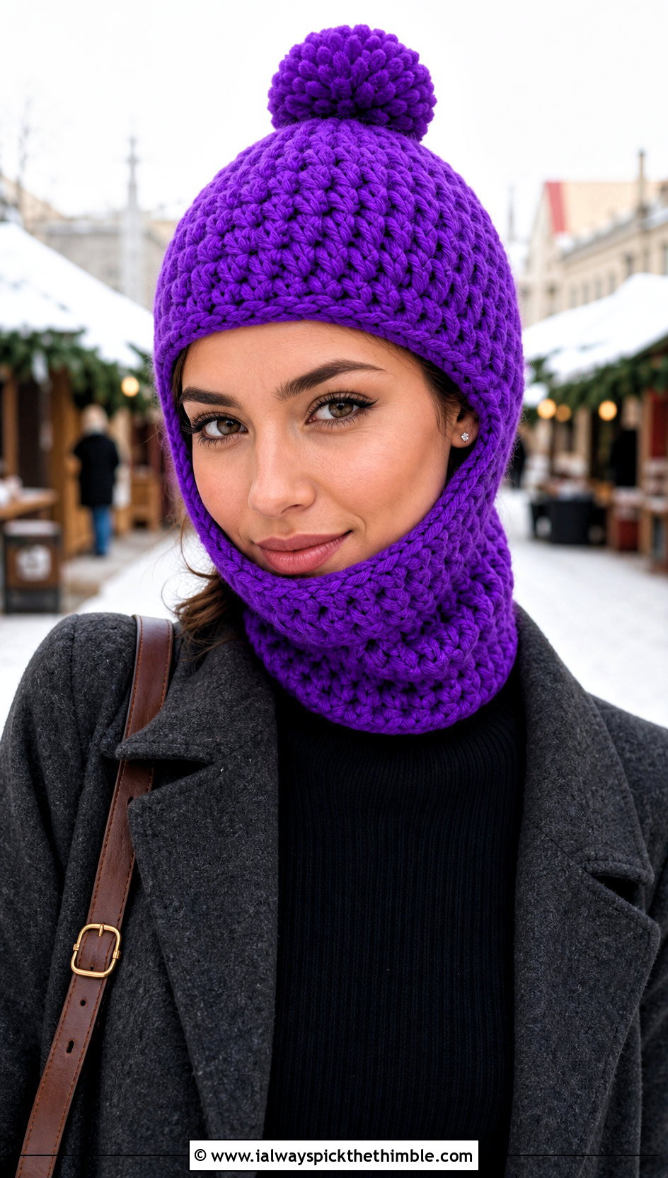 Pom Pom Crochet Balaclava With Sweater Dress - 20 crochet balaclava hat outfit ideas