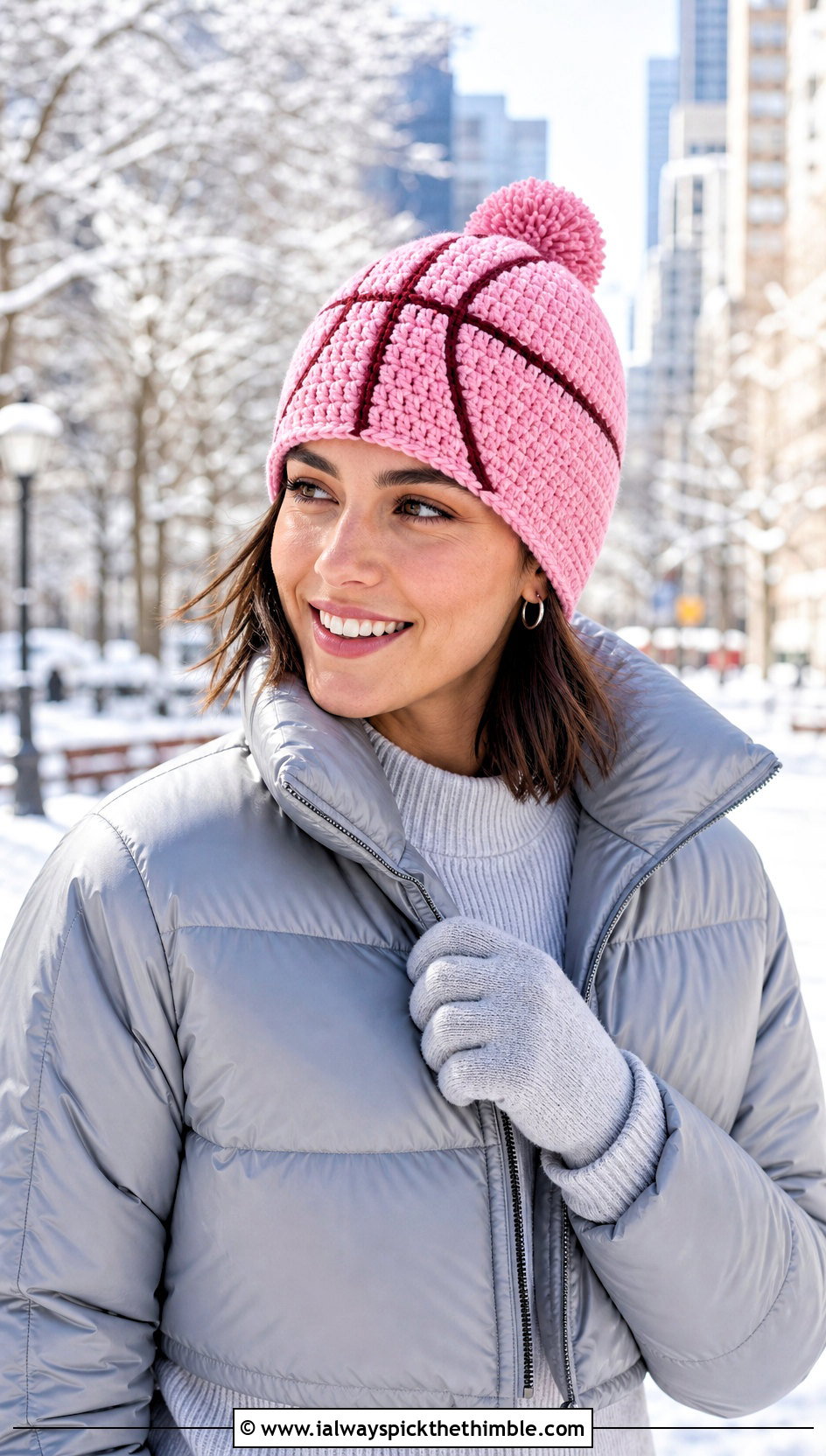 Pom Pom Crochet Basketball Beanie With Puffer Jacket - 20 crochet basketball hat outfit ideas