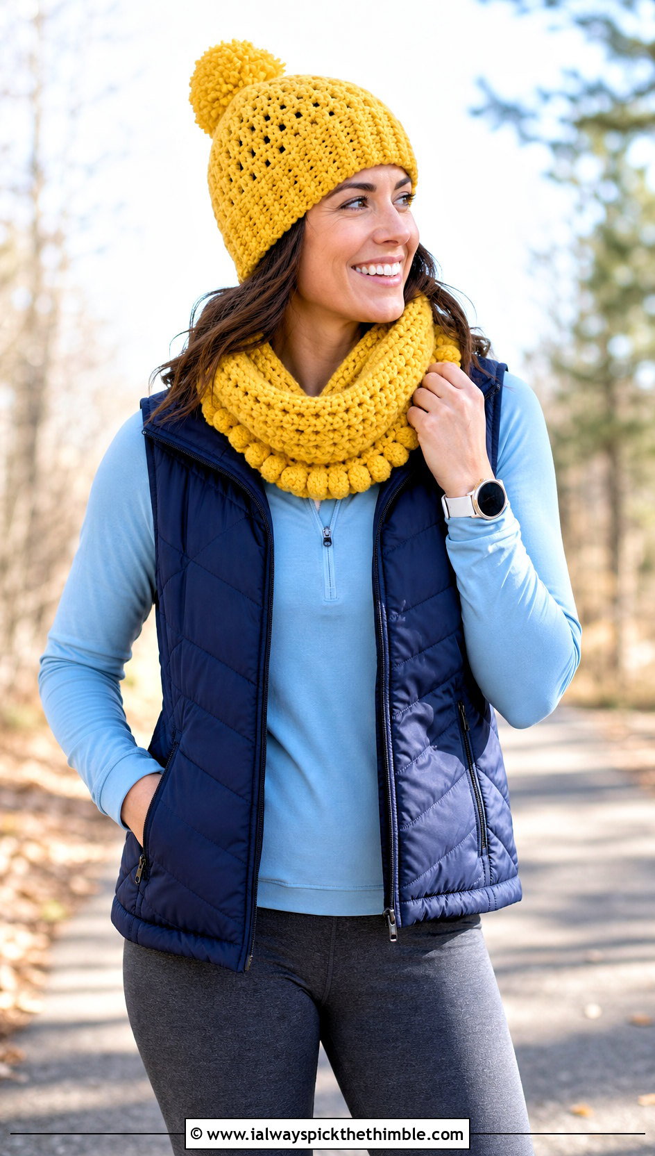 Pom Pom Crochet Beanie And Cowl Scarf With Athleisure - 20 crochet scarf hat combo outfit ideas