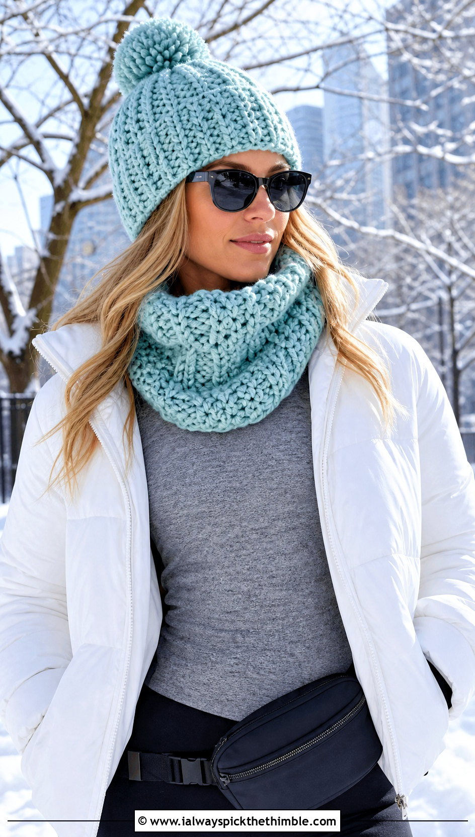 Pom Pom Crochet Beanie And Cowl Scarf With Puffer Jacket - 15 Crochet Scarf Hat outfit ideas