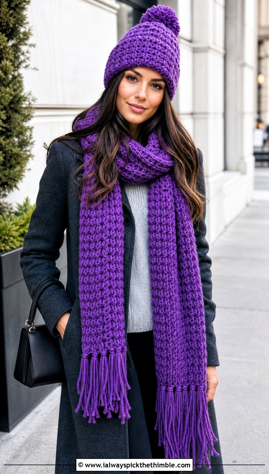 Pom Pom Crochet Beanie And Fringed Scarf With Wool Coat - 20 Crochet Scarf And Hat Set outfit ideas