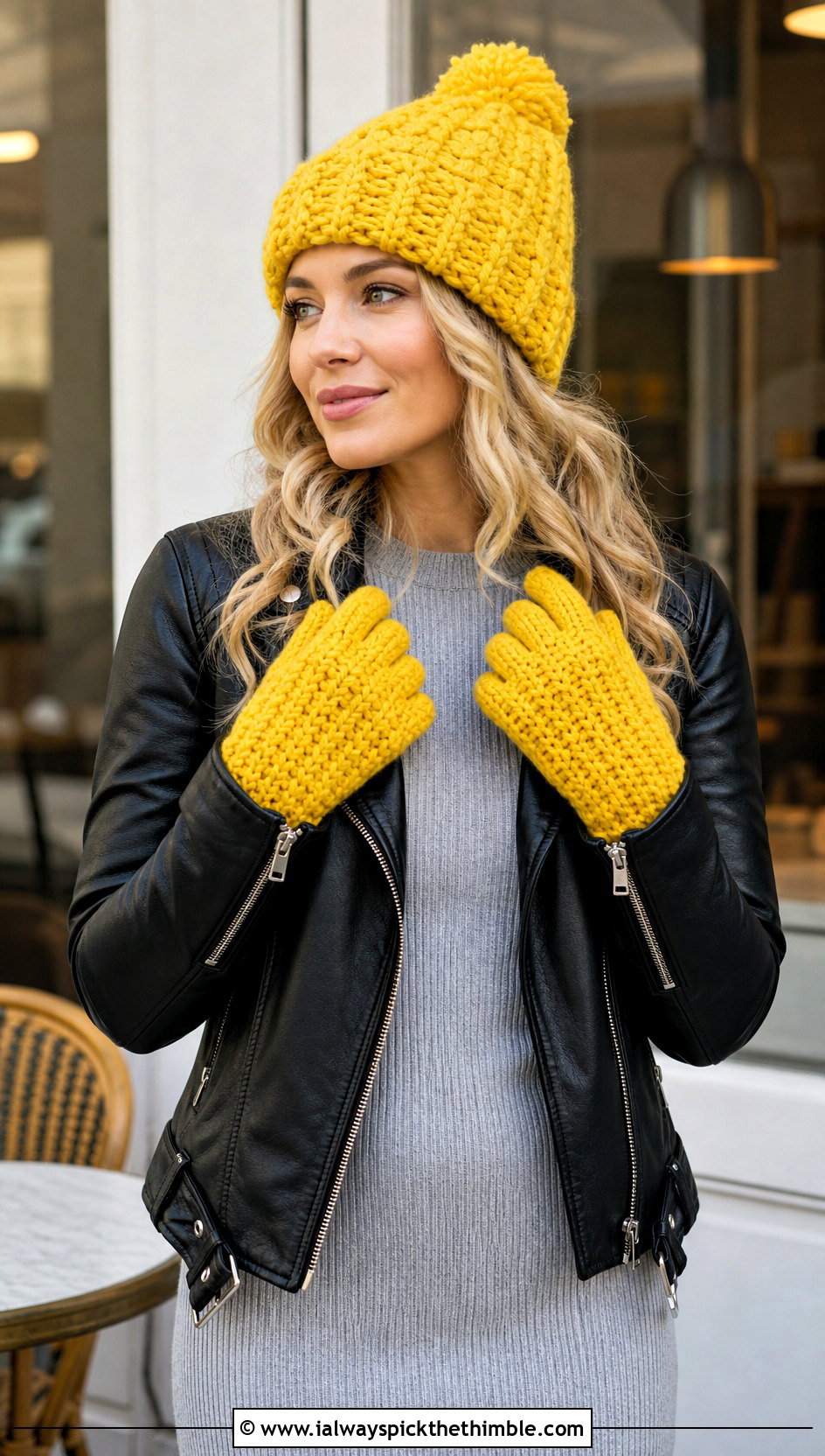 Pom Pom Crochet Beanie And Full Finger Gloves With A Sweater Dress - 15 Crochet Hat And Gloves outfit ideas