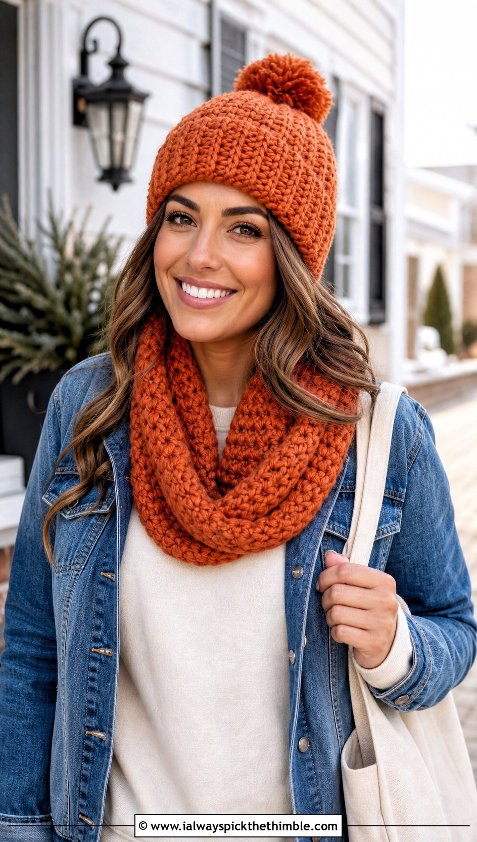 Pom Pom Crochet Beanie And Infinity Scarf With Denim Jacket - 20 crochet hat scarf outfit ideas