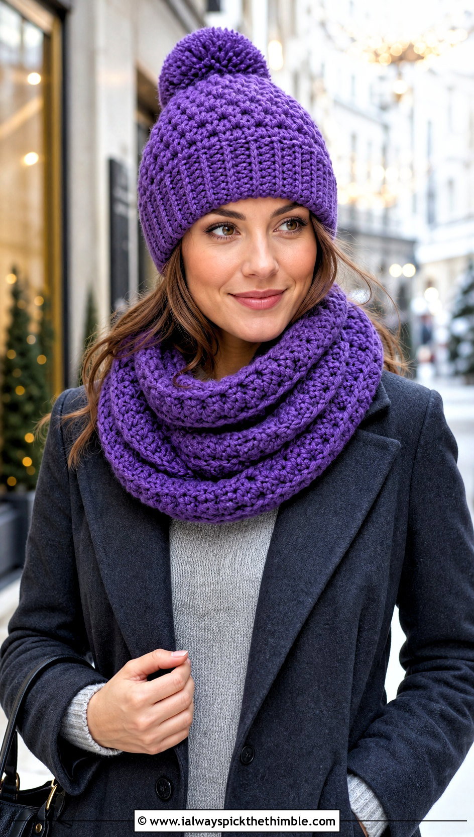 Pom Pom Crochet Beanie And Infinity Scarf With Wool Coat - 15 Easy Crochet Hat And Scarf Set outfit ideas