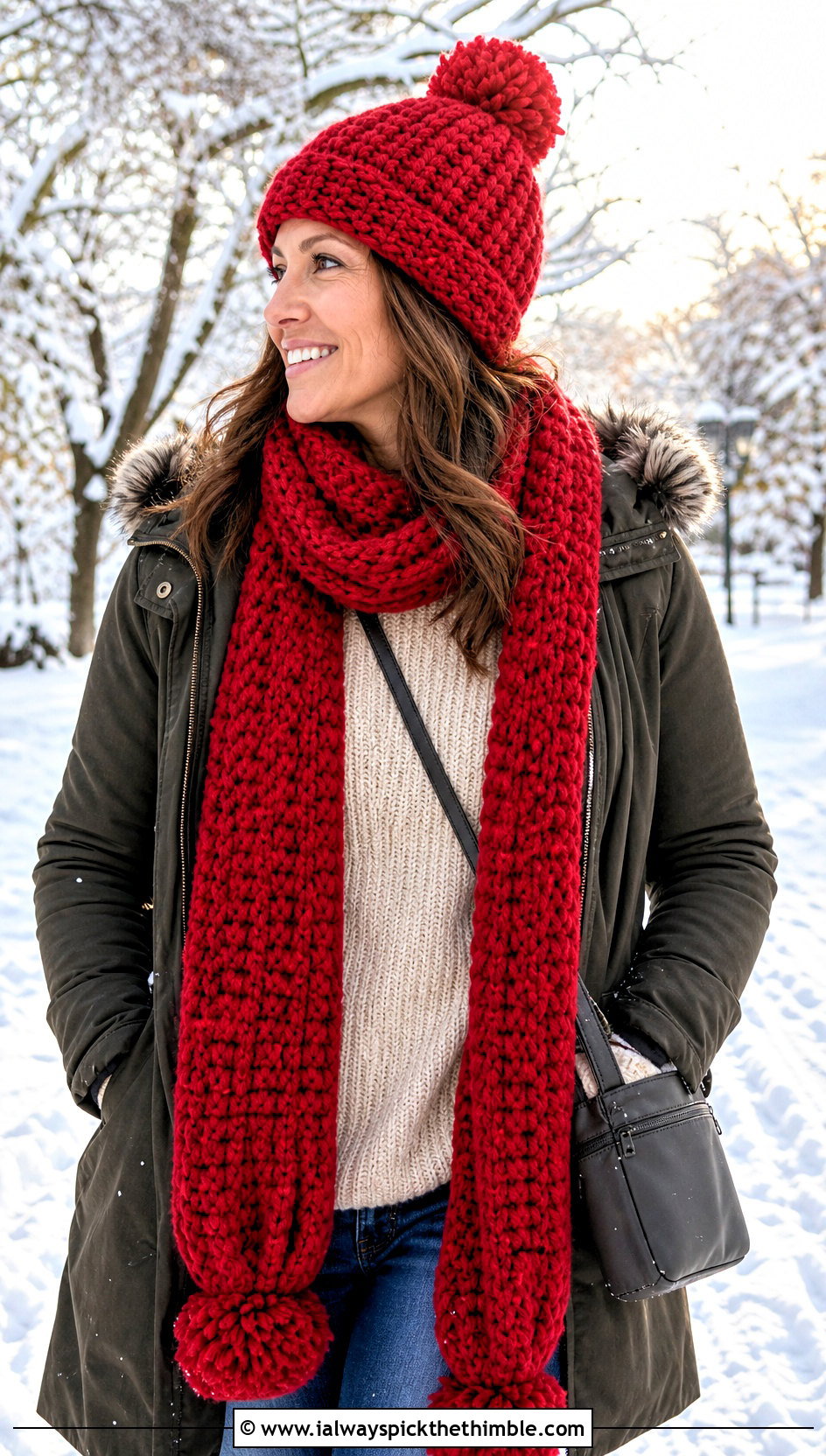 Pom Pom Crochet Beanie And Long Scarf Set With Parka - 20 crochet beanie and scarf set outfit ideas