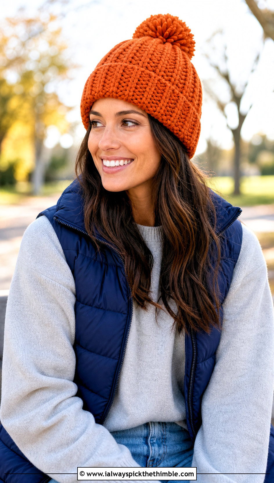 Pom Pom Crochet Beanie Cap With Puffer Vest - 25 crochet cap outfit ideas