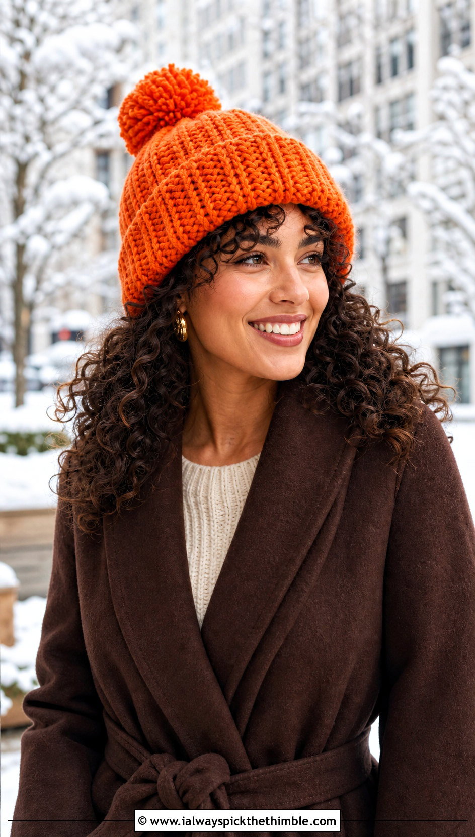 Pom Pom Crochet Beanie With Curly Hair And Sweater Dress - 20 crochet hat with hair outfit ideas