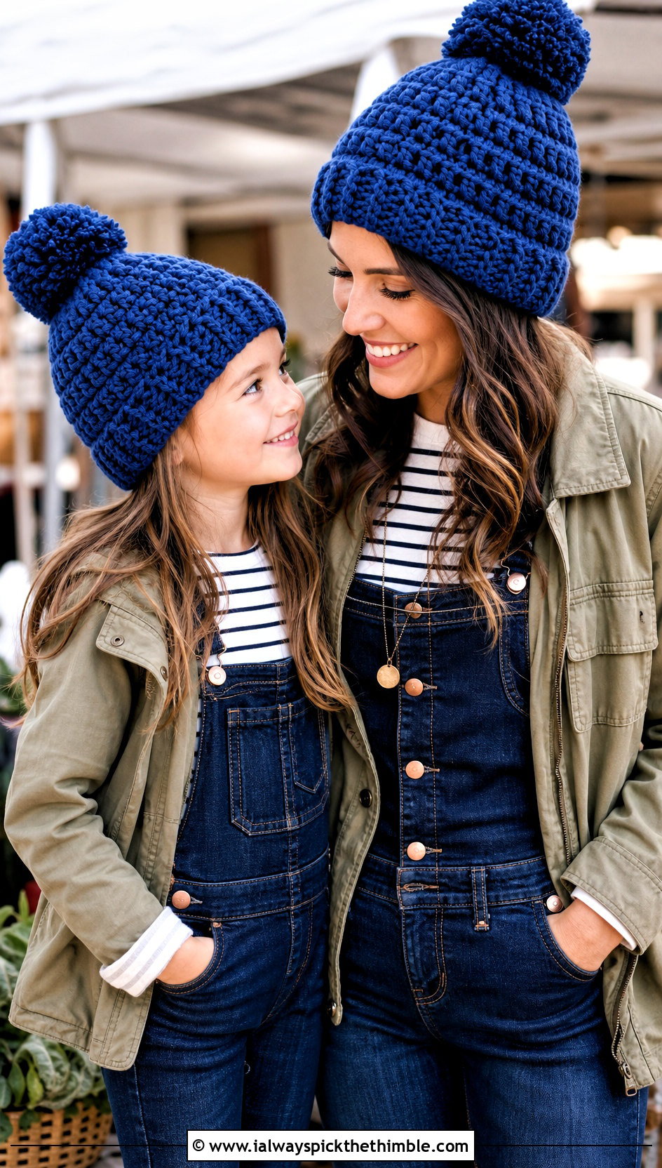 Pom Pom Crochet Beanie With Denim Overalls - 20 Mommy And Me Crochet Hats outfit ideas