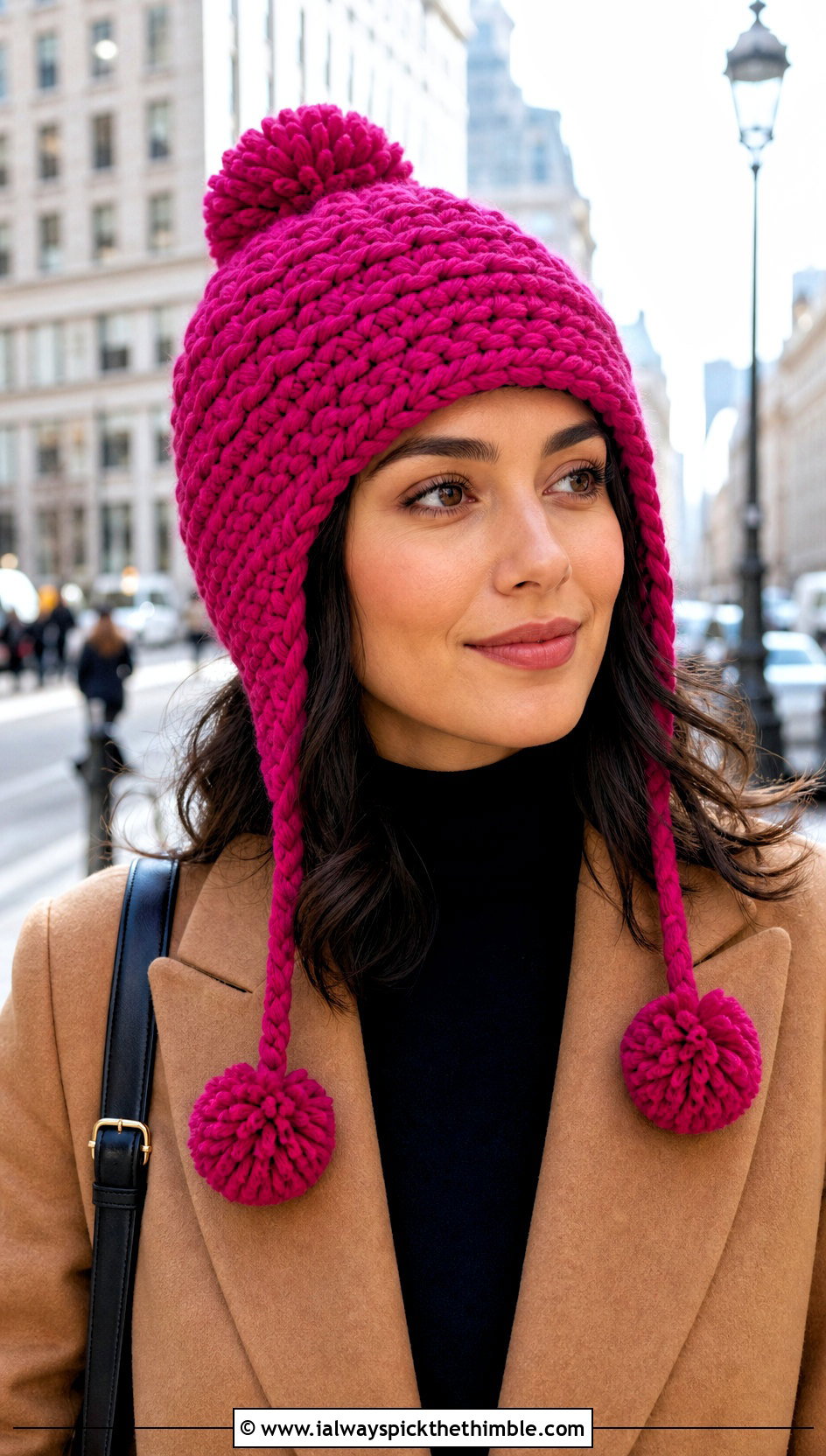 Pom Pom Crochet Beanie With Earflaps And Wool Coat - 15 Crochet Beanie With Earflaps outfit ideas