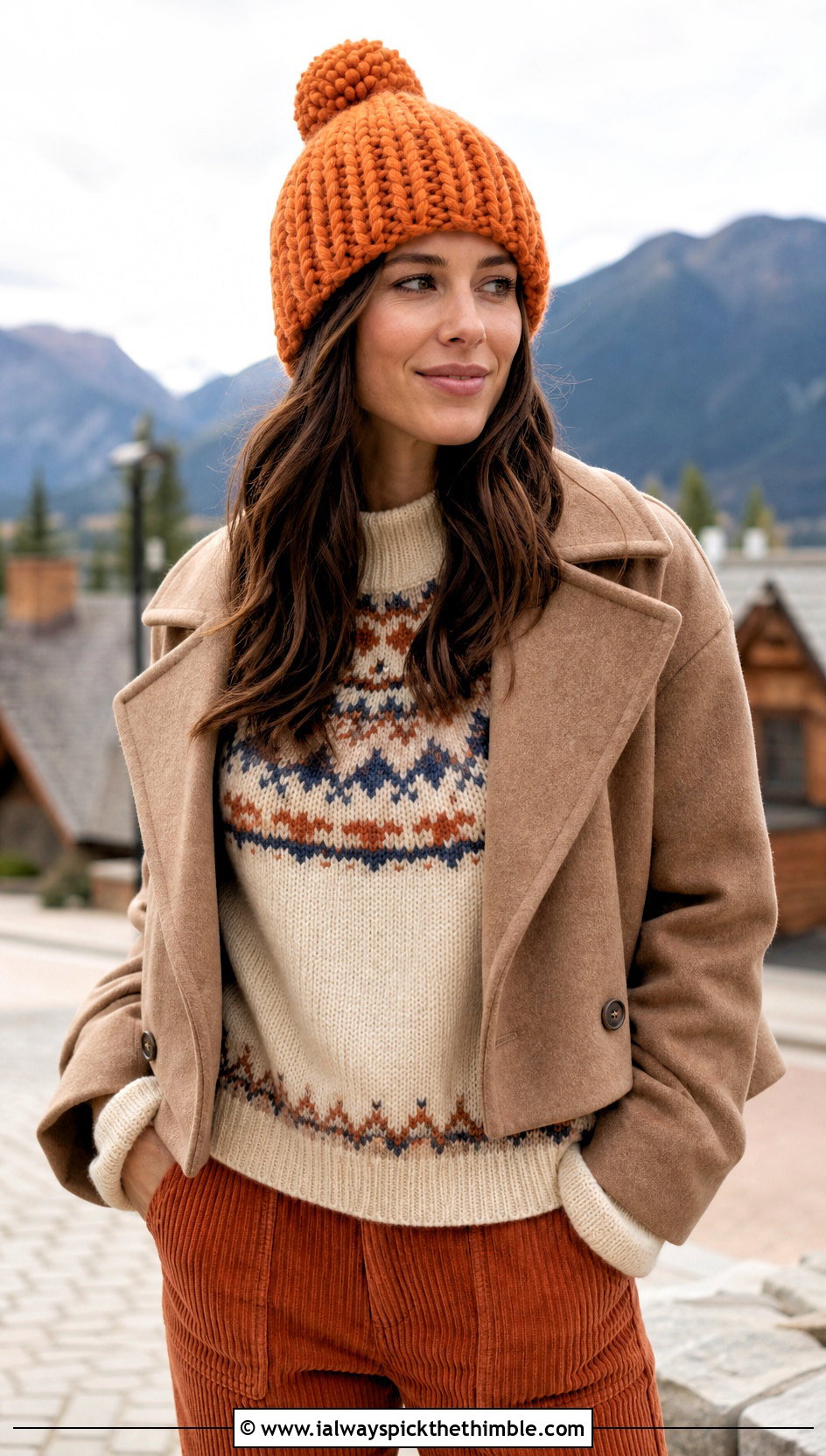 Pom Pom Crochet Beanie With Fair Isle Sweater And Corduroy Pants - 20 easy crochet winter hat outfit ideas