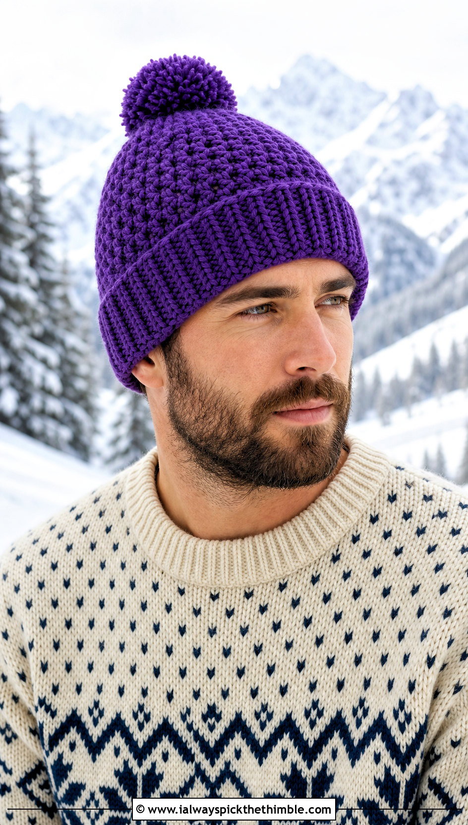Pom Pom Crochet Beanie With Nordic Sweater - 20 easy crochet beanie for men outfit ideas