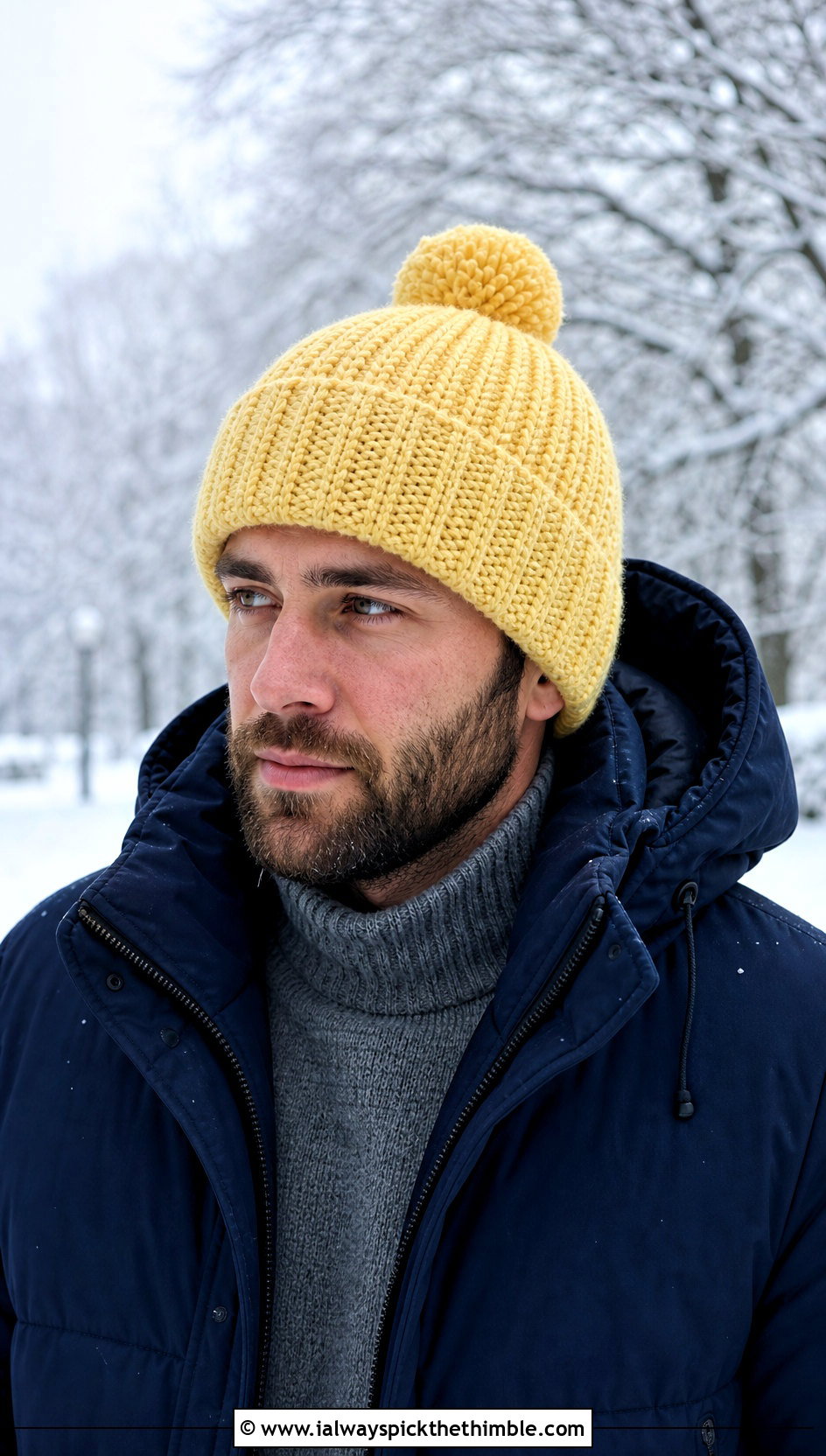 Pom Pom Crochet Beanie With Parka - 25 crochet cap for men outfit ideas