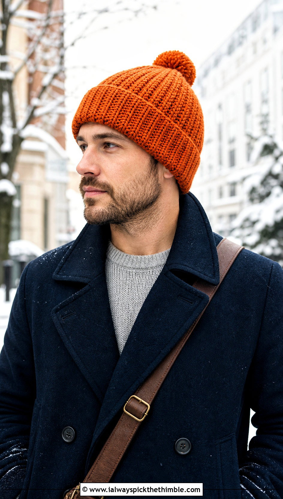 Pom Pom Crochet Beanie With Peacoat And Dark Jeans - 20 men crochet hat outfit ideas