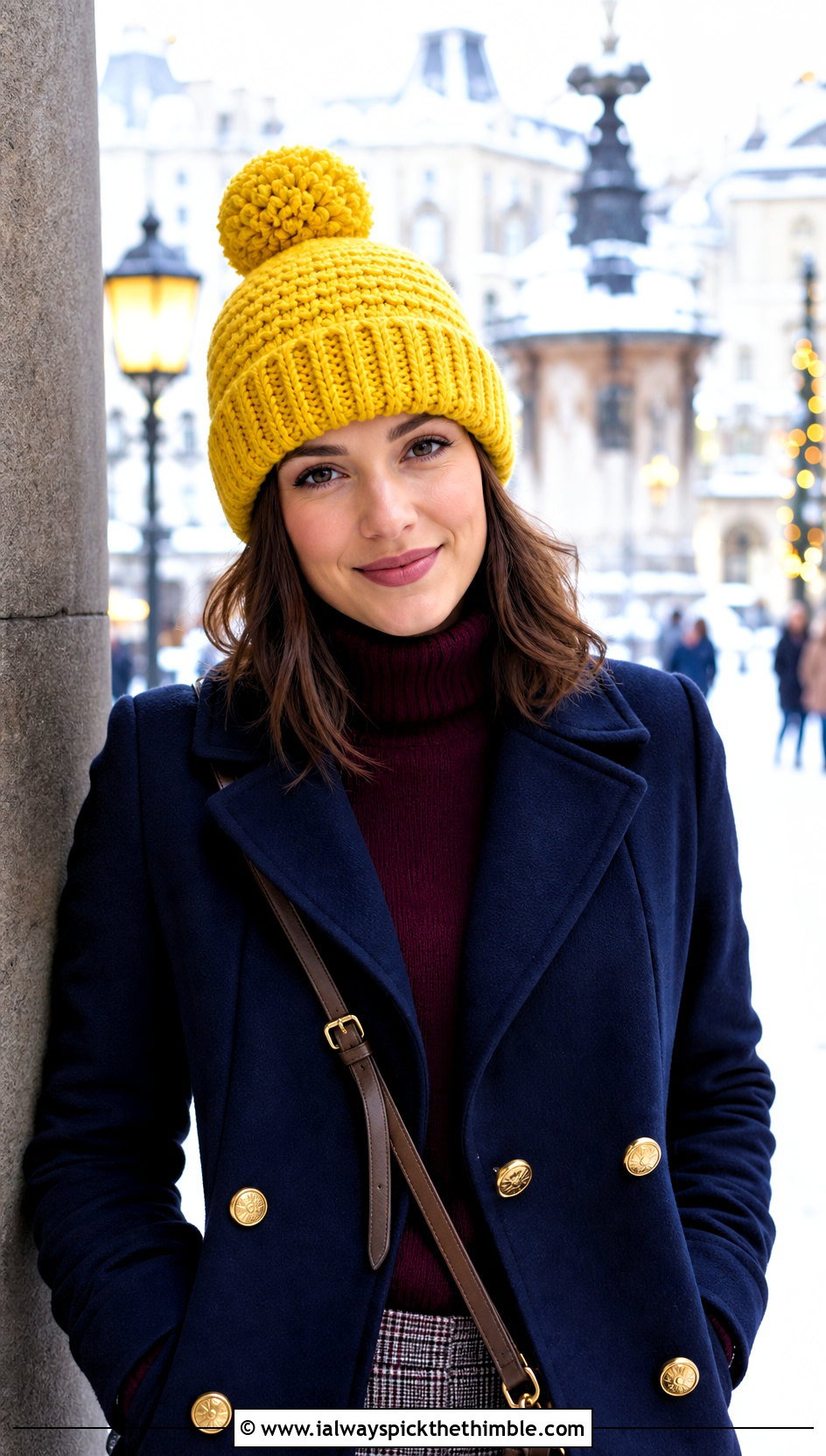 Pom Pom Crochet Beanie With Peacoat And Plaid Pants - 25 women crochet hat outfit ideas