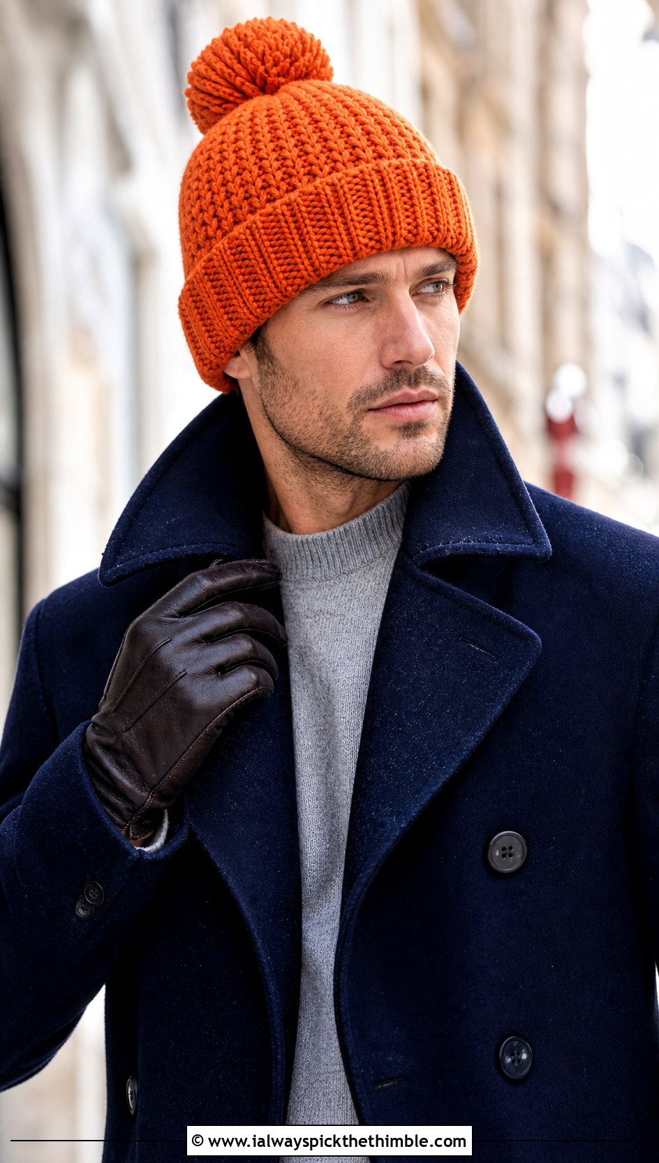 Pom Pom Crochet Beanie With Peacoat And Wool Trousers - 25 crochet hat for men outfit ideas