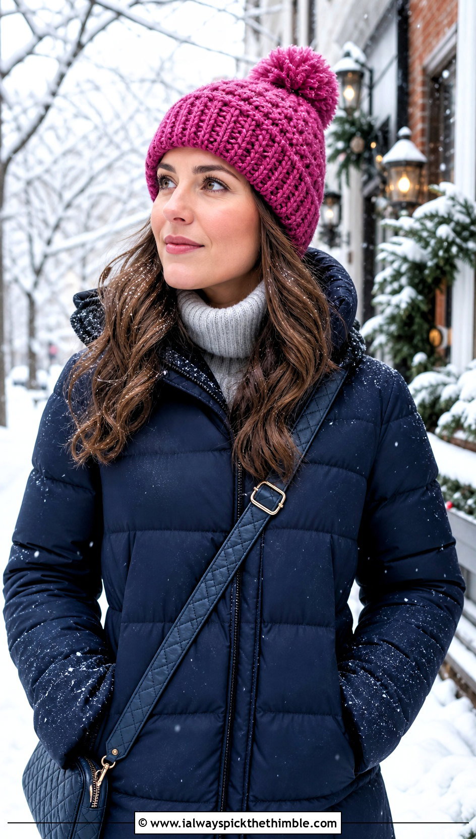 Pom Pom Crochet Beanie With Puffer Coat - 25 one piece crochet hat outfit ideas