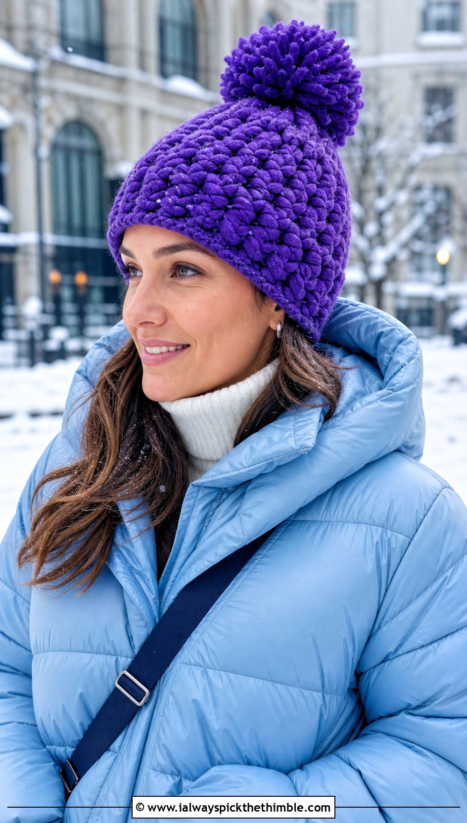 Pom Pom Crochet Beanie With Puffer Coat - 20 aesthetic crochet hat ideas