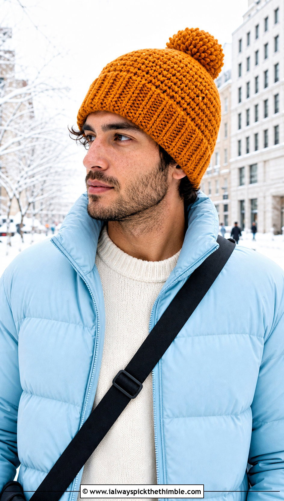 Pom Pom Crochet Beanie With Puffer Jacket - 15 Crochet Mens Hats outfit ideas