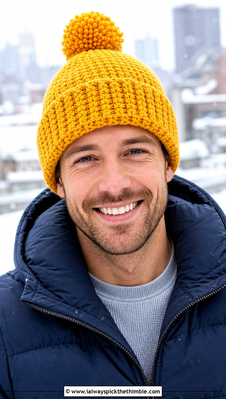 Pom Pom Crochet Beanie With Puffer Jacket - 25 crochet hats for men outfit ideas