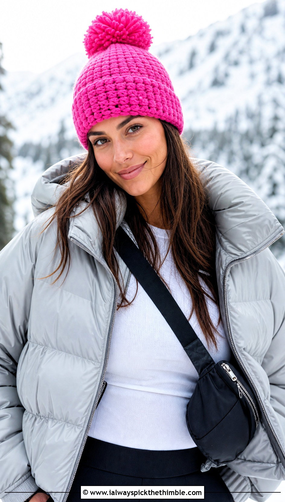 Pom Pom Crochet Beanie With Puffer Jacket - 25 cute crochet hat outfit ideas