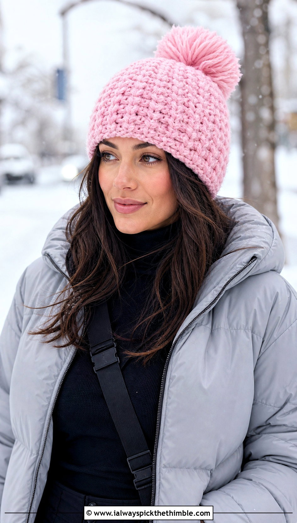 Pom Pom Crochet Beanie With Puffer Jacket - 25 easy crochet hat for women outfit ideas