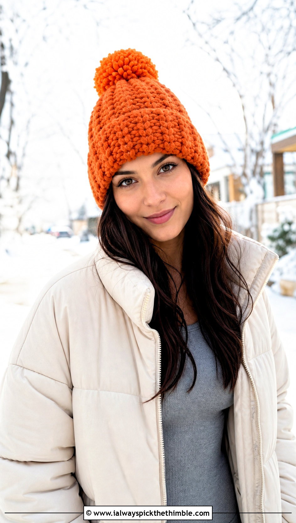 Pom Pom Crochet Beanie With Puffer Jacket - 15 Easy Crochet Hats For Women outfit ideas
