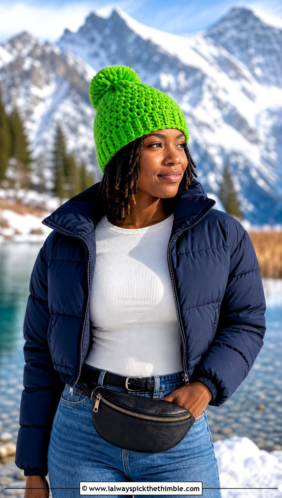 Pom Pom Crochet Beanie With Puffer Jacket - 20 crochet hats black women outfit ideas