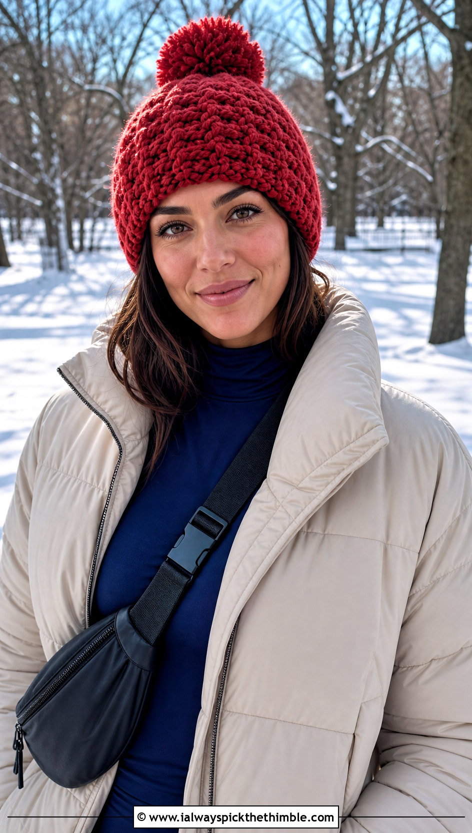 Pom Pom Crochet Beanie With Puffer Jacket - 20 Quick Crochet Beanie outfit ideas