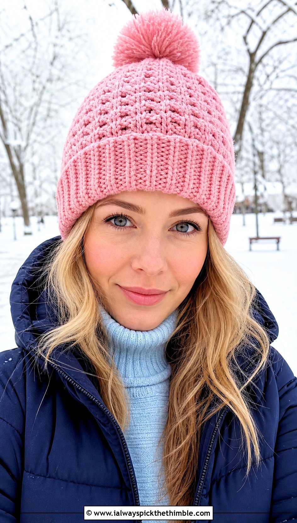 Pom Pom Crochet Beanie With Puffer Jacket - 20 Quick Crochet Hats outfit ideas
