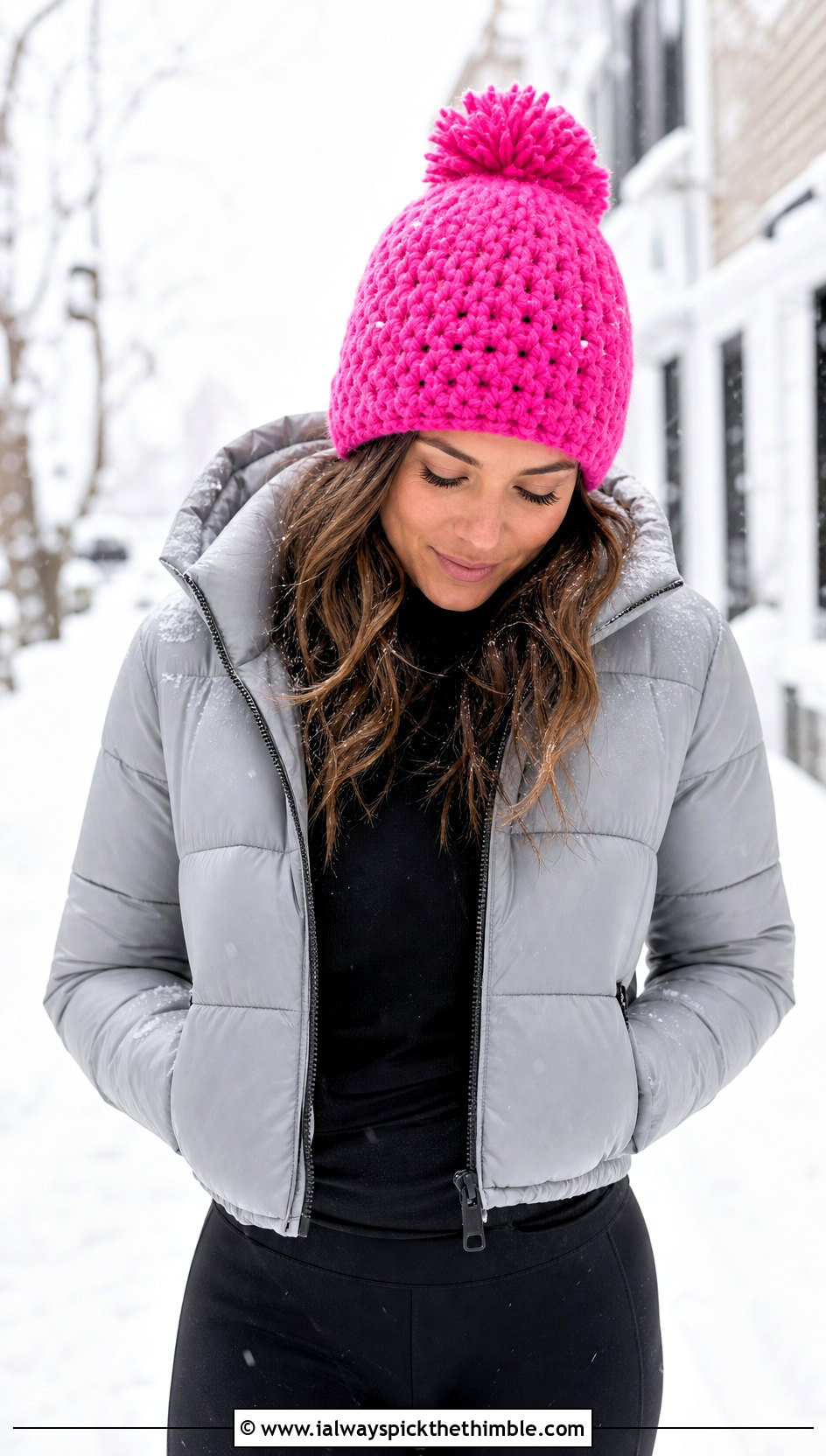 Pom Pom Crochet Beanie With Puffer Jacket And Leggings - 15 Crochet Beanie Bucket Hat outfit ideas