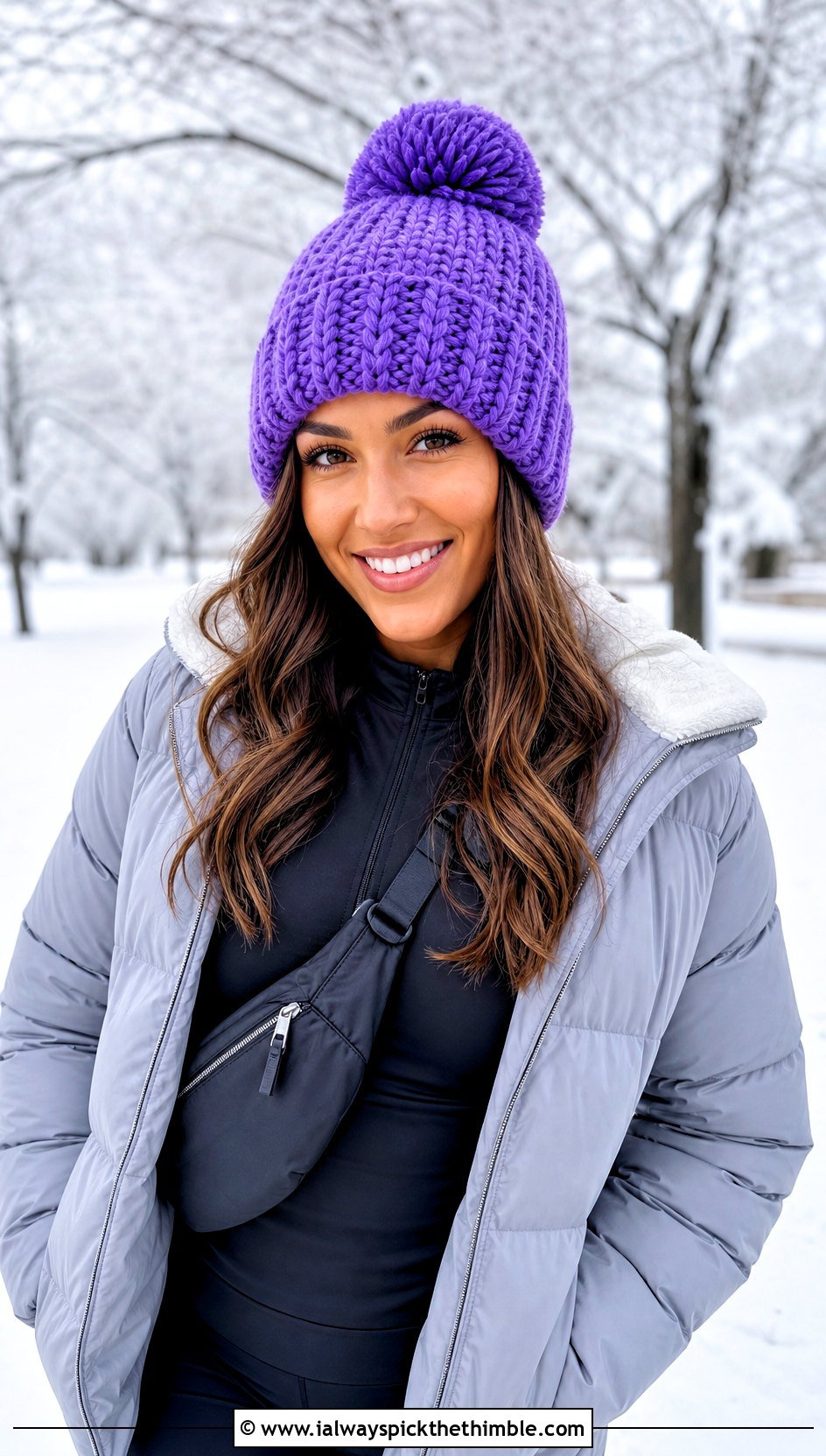 Pom Pom Crochet Beanie With Puffer Jacket And Leggings - 20 Fun Crochet Beanie outfit ideas
