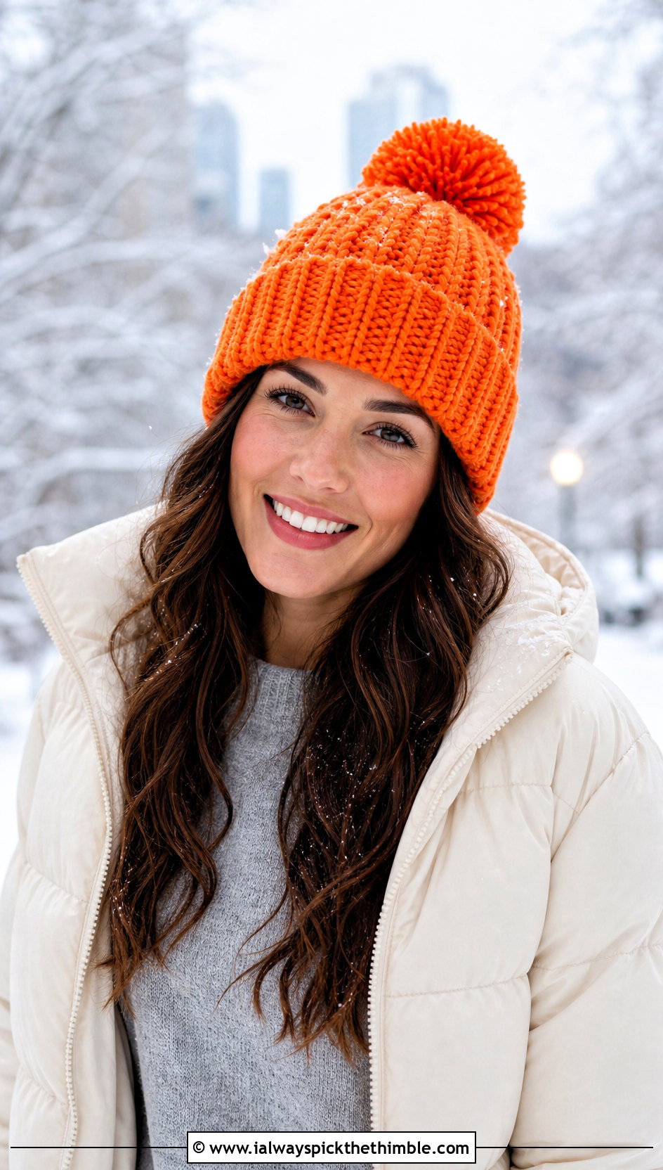 Pom Pom Crochet Beanie With Puffer Jacket - 15 cool crochet beanie outfit ideas