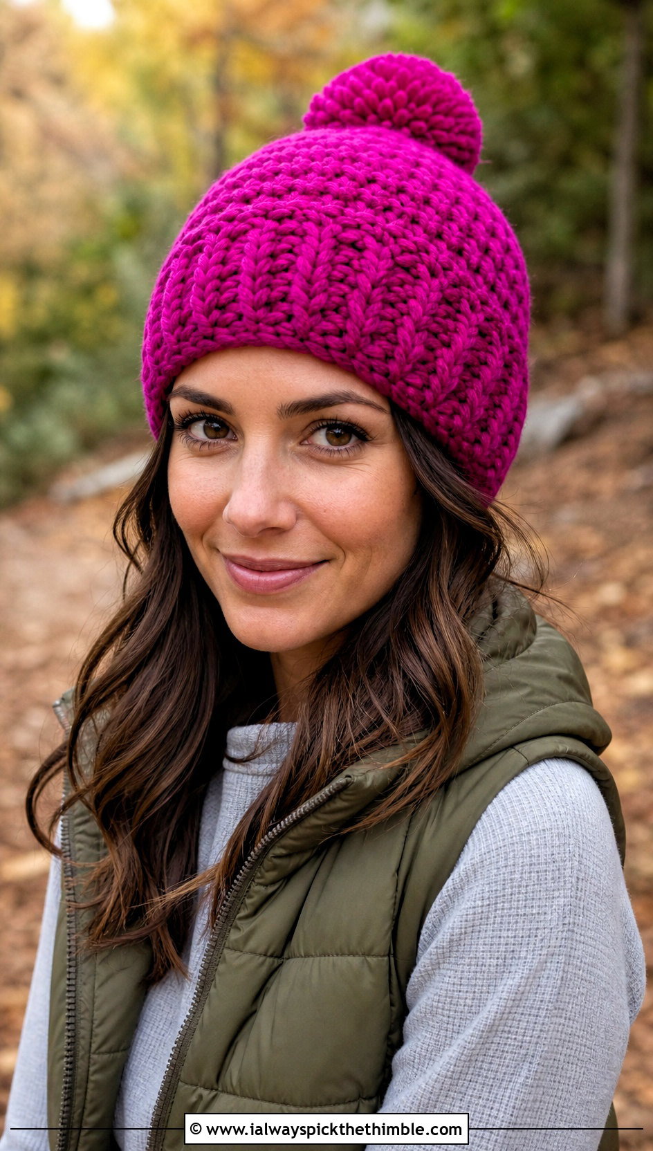 Pom Pom Crochet Beanie With Puffer Vest - 20 crochet fall beanie outfit ideas