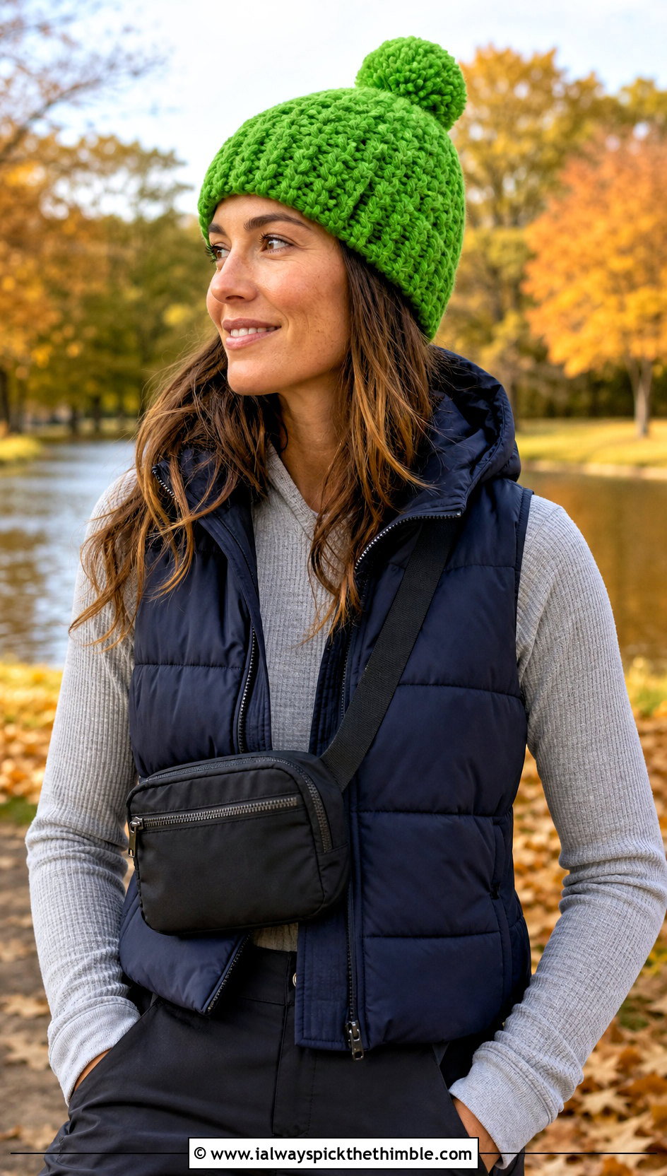 Pom Pom Crochet Beanie With Puffer Vest - 20 Fall Crochet Beanie outfit ideas