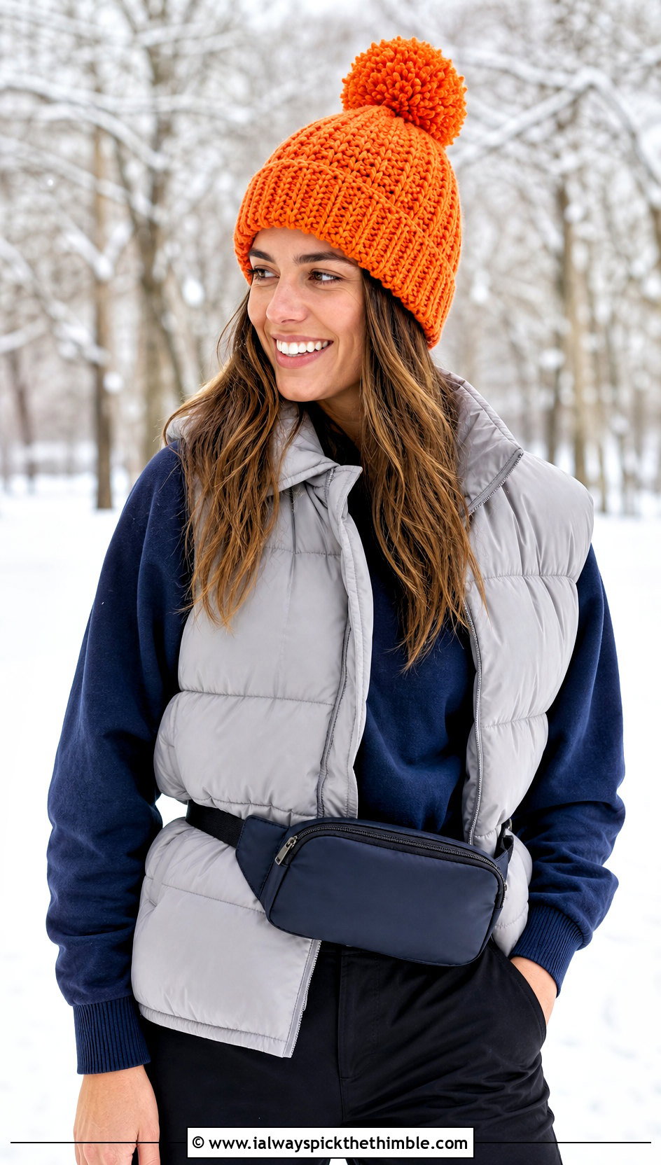 Pom Pom Crochet Beanie With Puffer Vest - 20 Quick And Easy Crochet Hat outfit ideas