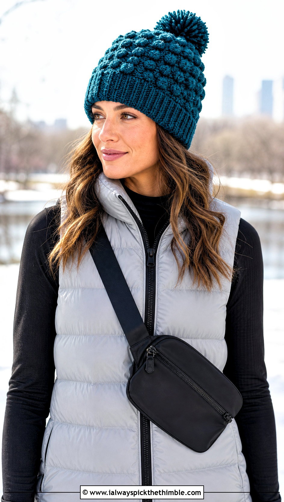 Pom Pom Crochet Beanie With Puffer Vest - 20 unique crochet beanie outfit ideas