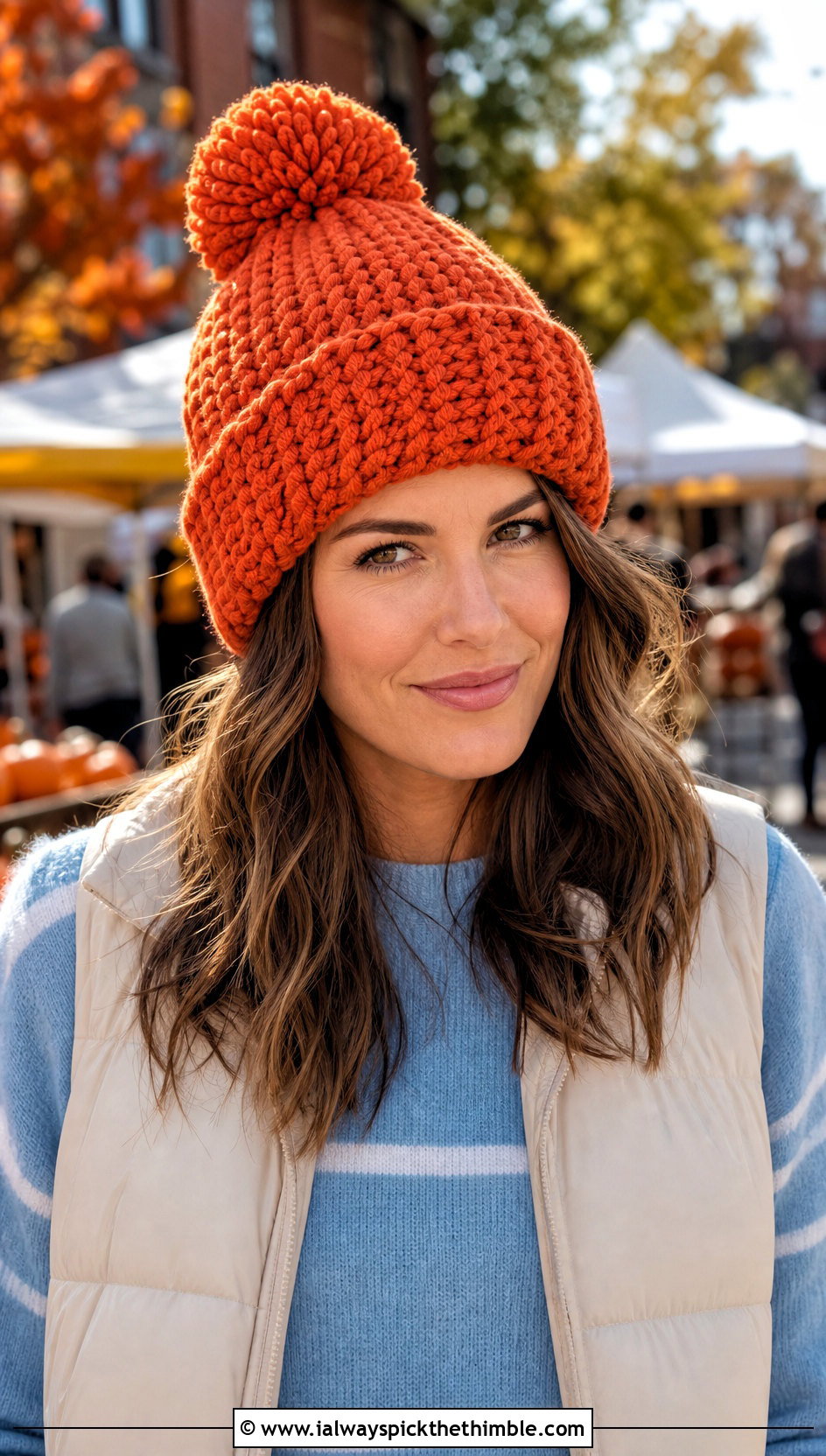 Pom Pom Crochet Beanie With Puffer Vest - 25 easy crochet hat outfit ideas