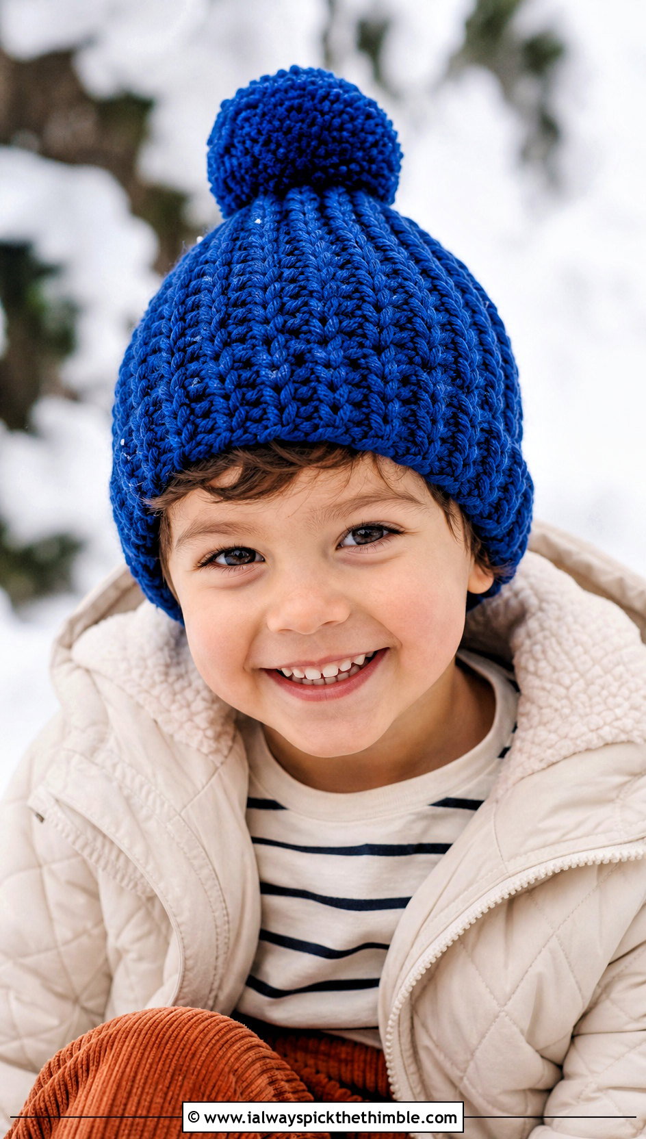 Pom Pom Crochet Beanie With Quilted Coat - 15 Childs Crochet Hat outfit ideas