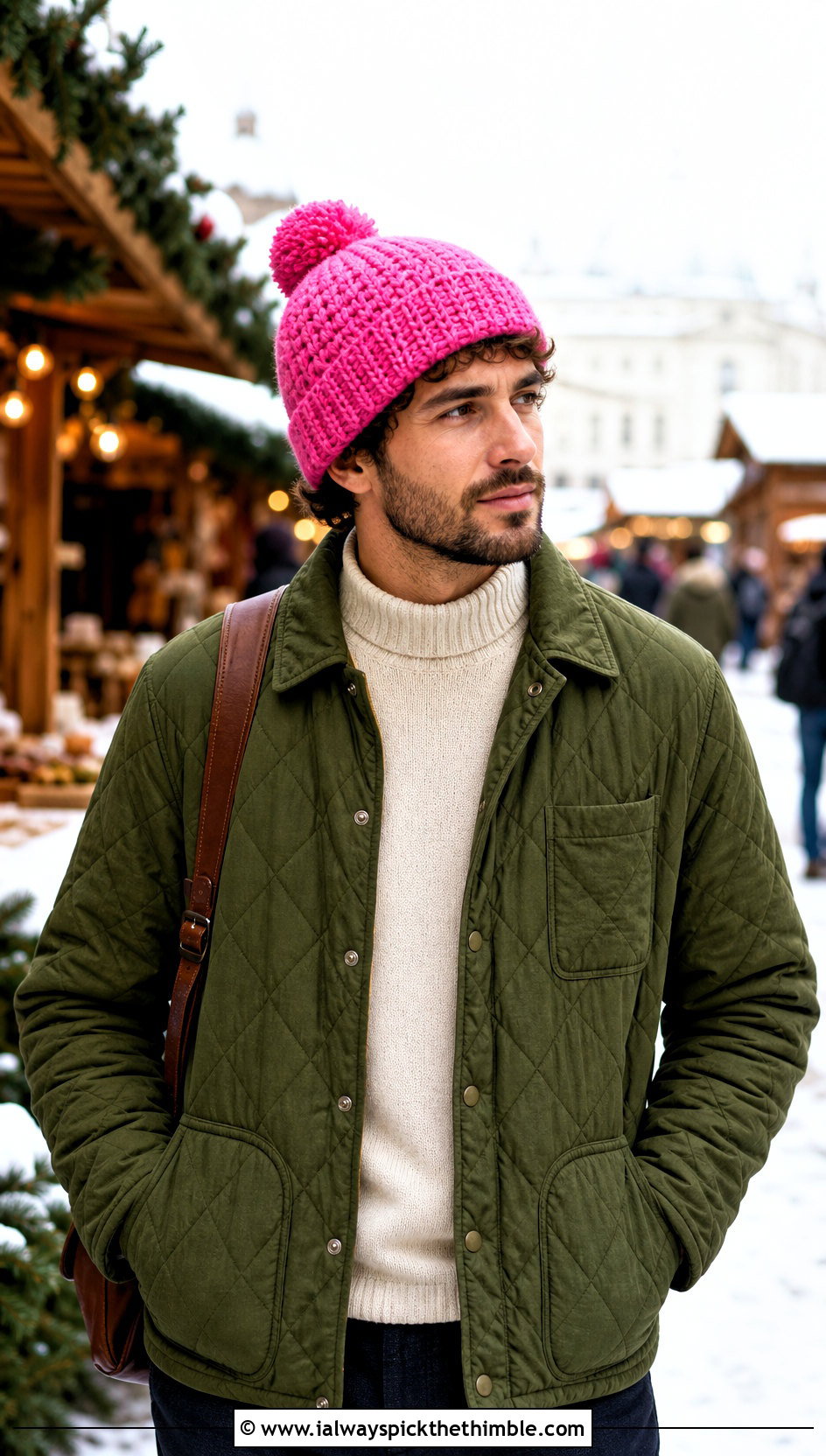 Pom Pom Crochet Beanie With Quilted Jacket - 20 mens winter crochet hats outfit ideas
