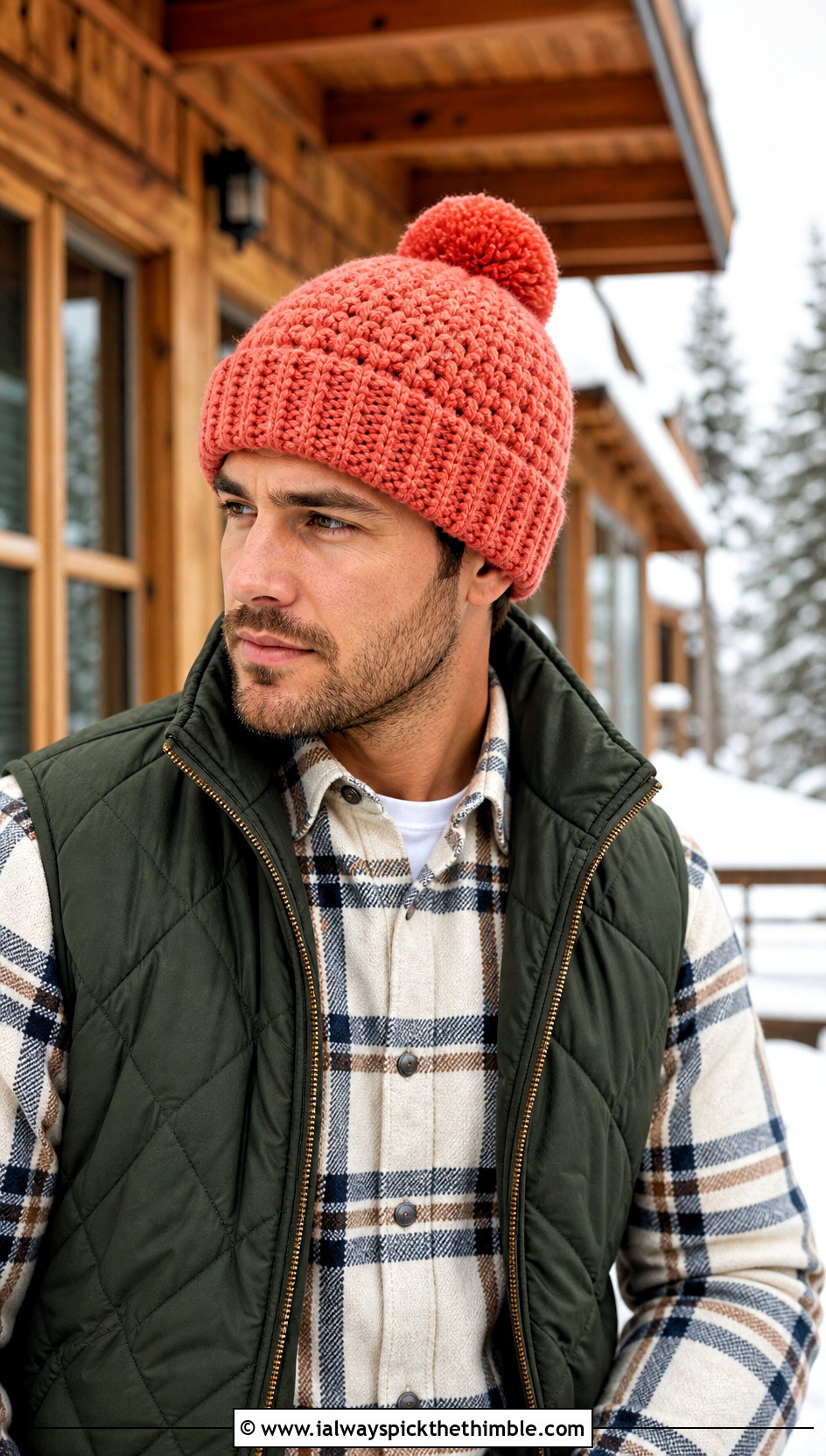 Pom Pom Crochet Beanie With Quilted Vest - 25 crochet hat men outfit ideas