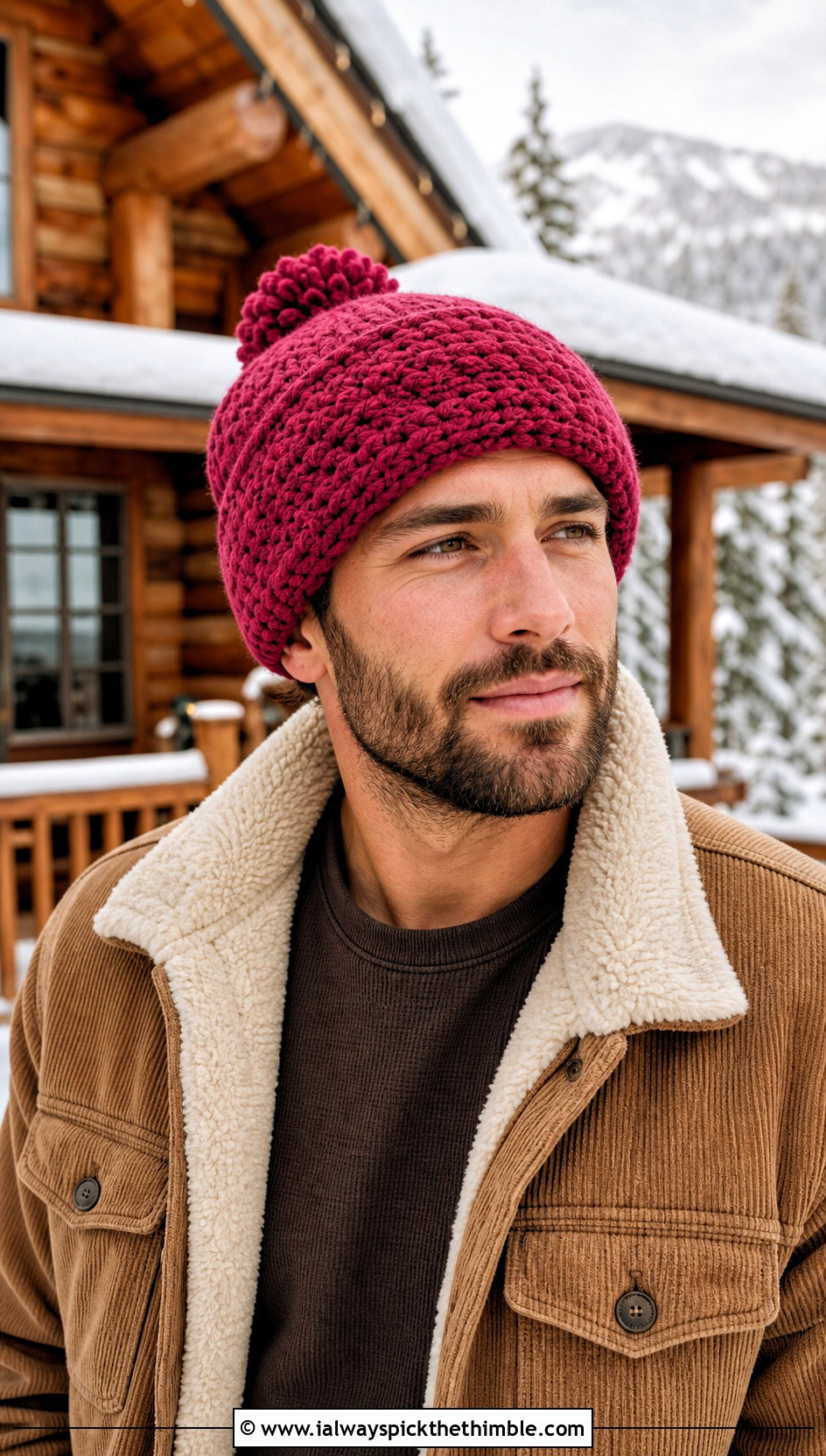Pom Pom Crochet Beanie With Sherpa Jacket - 20 easy men's crochet beanie outfit ideas