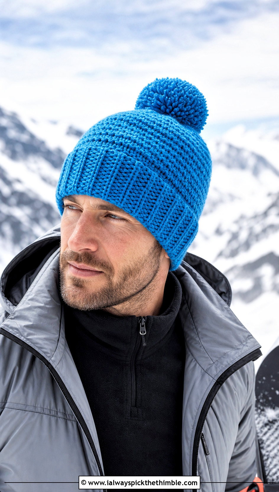Pom Pom Crochet Beanie With Ski Jacket - 20 crocheted mens hats outfit ideas