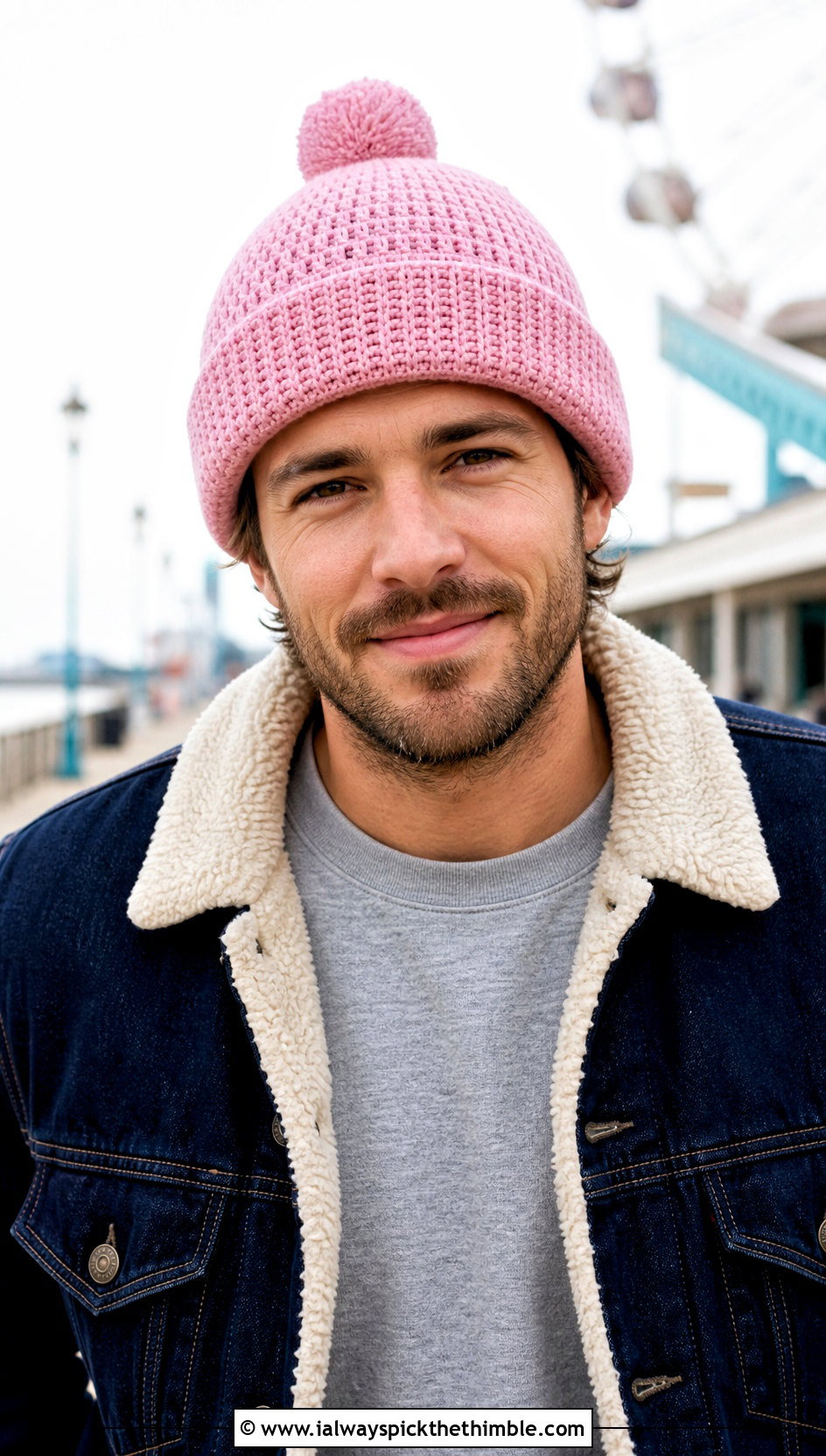 Pom Pom Crochet Beanie With Trucker Jacket - 20 Easy Mens Crochet Beanie outfit ideas